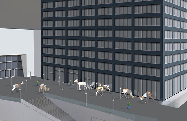 Modellansicht einer Herde Gazellen die über den Vorplatz des Amazon-Hochhauses auf der Warschauer Brücke Berlin zieht, Wettbewerbsbeitrag von Wolf v. Waldow