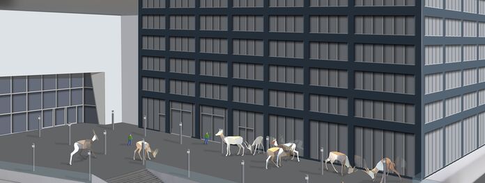 Virtuelle Ansicht Projekt "Revier" von Wolf v. Waldow für Wettbewerb Platzgestaltung vor dem Amazon Hochhaus Berlin (EDGE East Side); Fläche vor Hochhaus mit 8 silberfarbenen Gazellen in versch. Haltungen; 3 Personen, um Größenverhältnisse zu zeigen