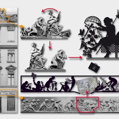 Alter Markt 6, Potsdam - Kunst-Projekt "Wa(a)gnis" von Wolf v. Waldow: Abbildungen der historischen Fassade mit Skulpturen und Entwicklung des neuen Projektes durch Umstellung und Neukombination dieser Vorlage; Gedankengänge durch Folgepfeile verdeutlicht