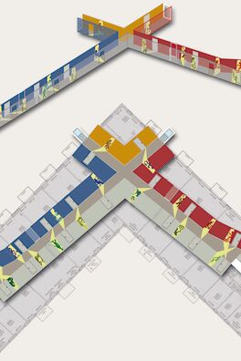 Lebensort Vielfalt Berlin, Projekt Storyboard von Wolf v. Waldow – Wettbewerbsentwurf mit Grundriss des Flures und Verteilung der Motive (2020)