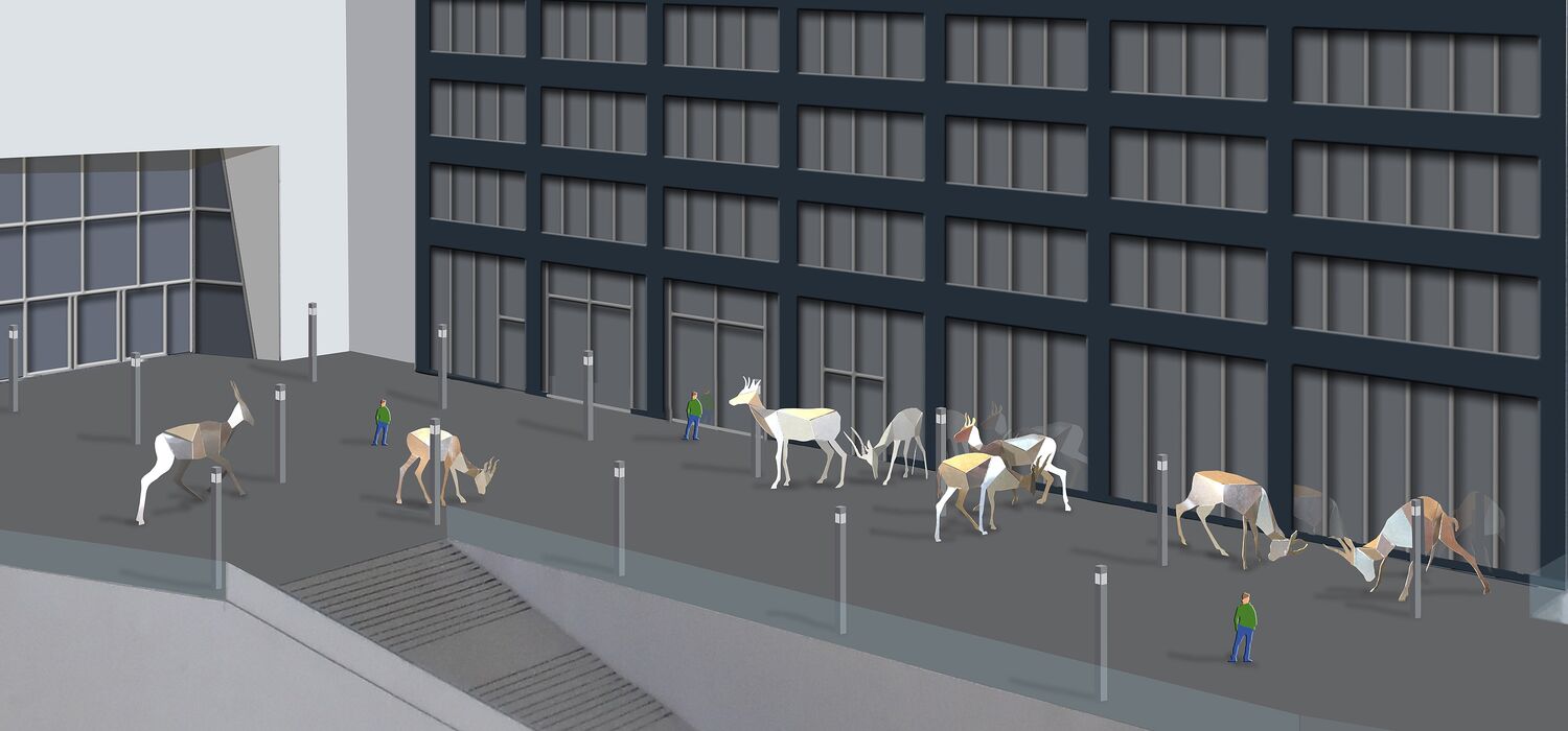 Ansicht Projekt "Revier" von Wolf v. Waldow für Wettbewerb Platzgestaltung vor dem Amazon Hochhaus Berlin (EDGE East Side); Fläche vor Hochhaus mit 8 silberfarbenen Gazellen in versch. Haltungen