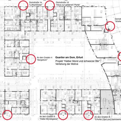 Grundriss Erdgeschoss, Quartier am Dom, Erfurt mit Verteilung der Motive des Projektes "Halber Mond und schwarzer Bär" von Wolf v. Waldow