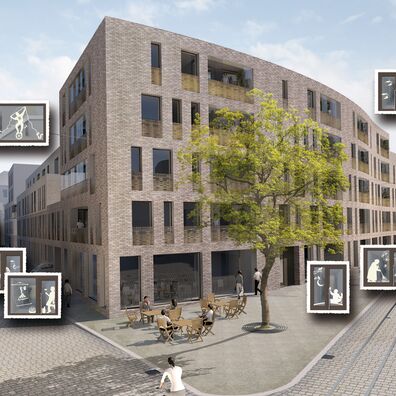 Ansicht (Entwurf) des Hauses Quartier am Dom Erfurt mit Verteilung der Einzelmotive des Projektes "Halber Mond und schwarzer Bär" von Wolf v. Waldow; Motive wie Alte Fotos mit Rand dargestellt.