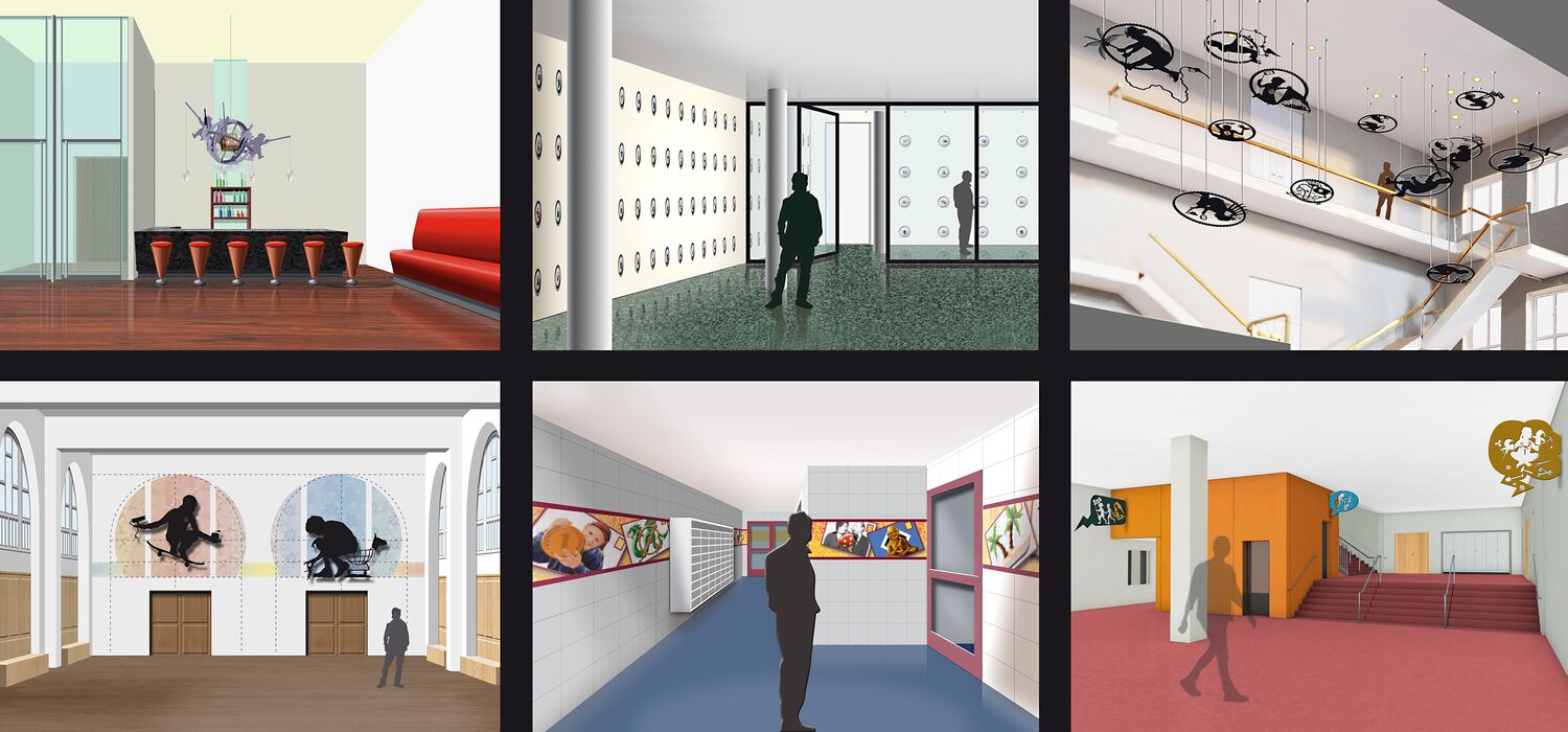 6 perspektivische Ansichten von verschiedenen Kunst-am-Bau-Entwürfen von Wolf v. Waldow