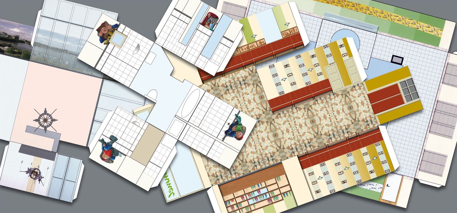 Verschiedene Ausschneidebögen von Architekturentwürfen zum Bau von Papiermodellen von Wolf v. Waldow, die kreuz und quer übereinander liegen, so dass immer nur Ausschnitte sichtbar sind