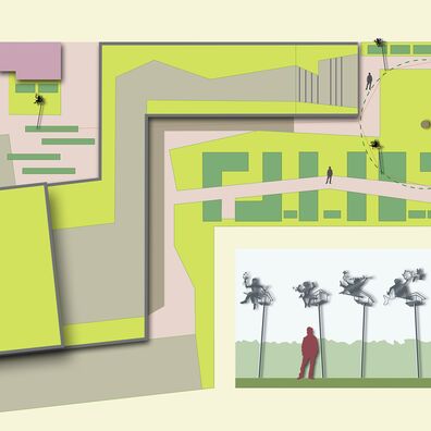 Entwurf Wettbewerbsprojekt für Bundesverband Deutscher Gartenfreunde e. V. 2023: Grundstücksplan mit Gebäude Hauptverwaltung Deutscher Gartenfreunde und Verteilung von 7 allegorischen Figuren